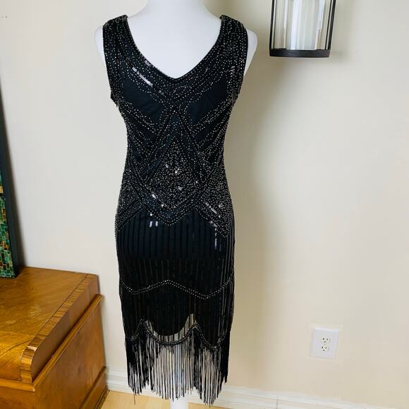 Vintage Size M Beaded Sequin Fringed Flapper Dress Black 20s Party - Picture 2 of 10